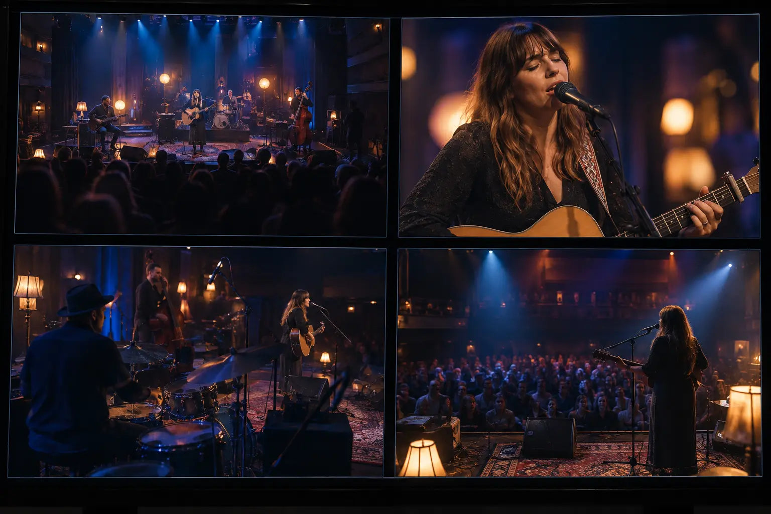 Four synchronized camera views of the same live performance
